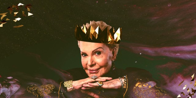 A multimedia collage with Walter Mercado as the central figure. He is wearing a crown with magenta milky way vibes in the background.