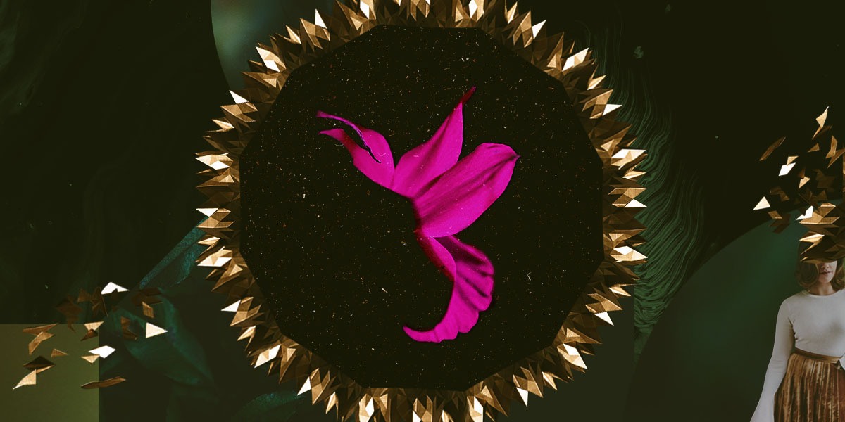 A multimedia cut out collage of a dark green background with crowns overlapping in a circle and a pink daffodil in the center.