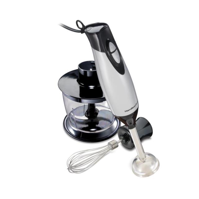 An immersion hand blender with various attachments.