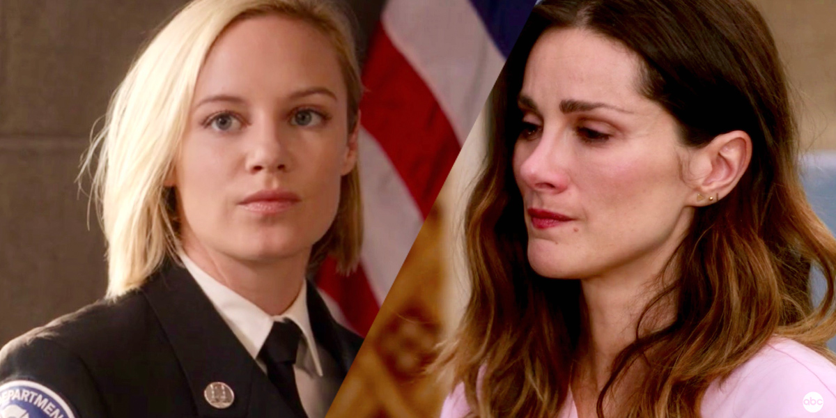 A two-fold collage of Maya Bishop on Station 19 and Carina Deluca on Grey's Anatomy
