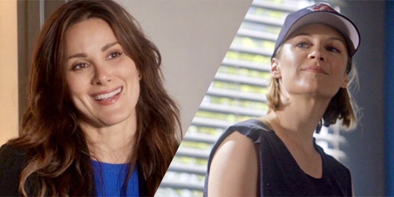 A collage of Carina DeLuca from Grey's Anatomy smiling at Maya Bishop from Station 19. Carina is in a blue shirt and black blazer with her long wavy brown hair around her shoulders. Maya has on a cut off tank top and a baseball cap over her chin-length blonde bob.