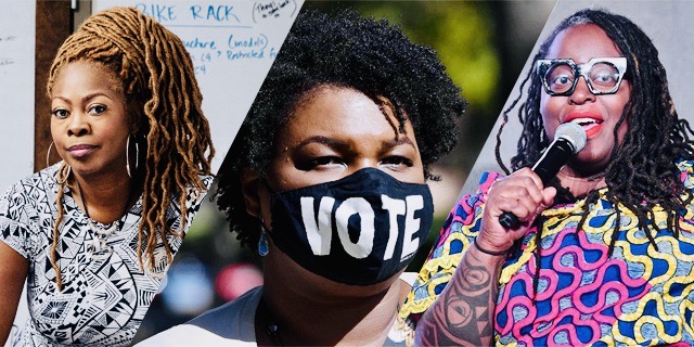 A three-fold collage with photos of LaTosha Brown of the Black Voters Matters Fund, Stacey Abrams of Fair Fight, and Nsé Ufot of New Georgia Project.