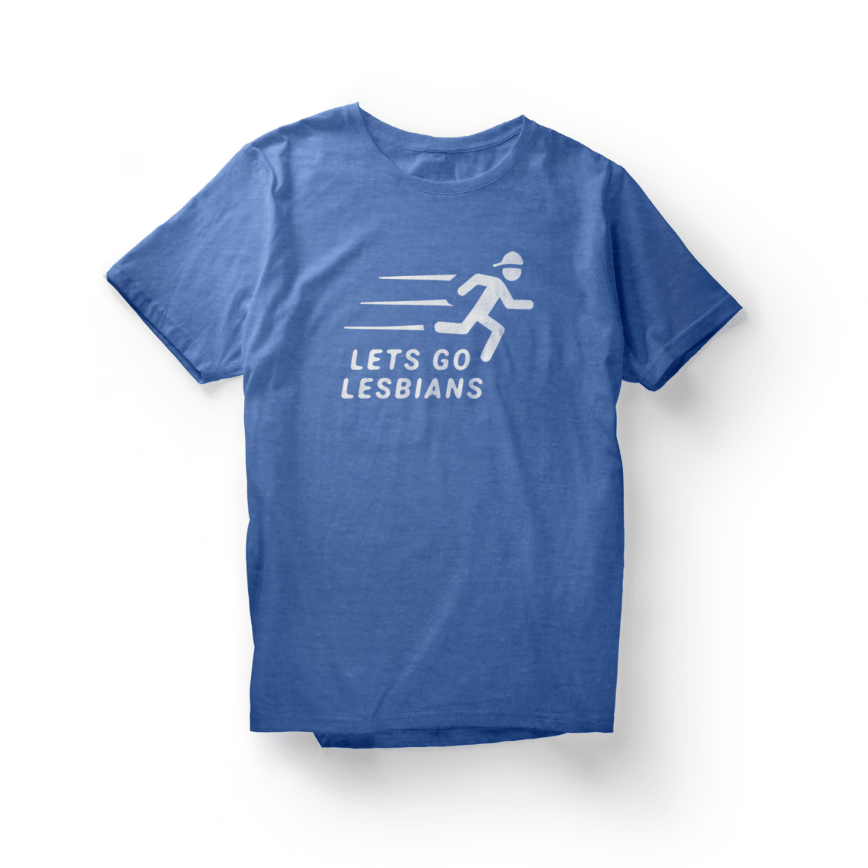 Blue shirt with a white "Let's Go Lesbians" graphic of a figure with a backwards baseball cap running.