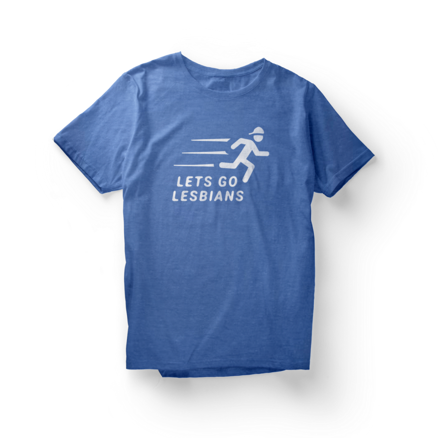 Blue shirt with a white "Let's Go Lesbians" graphic of a figure with a backwards baseball cap running.