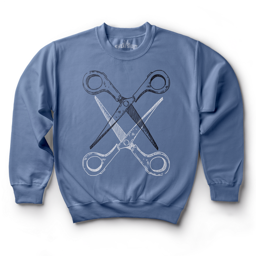 Blue sweatshirt with black and white scissoring graphic by Rory Midhani