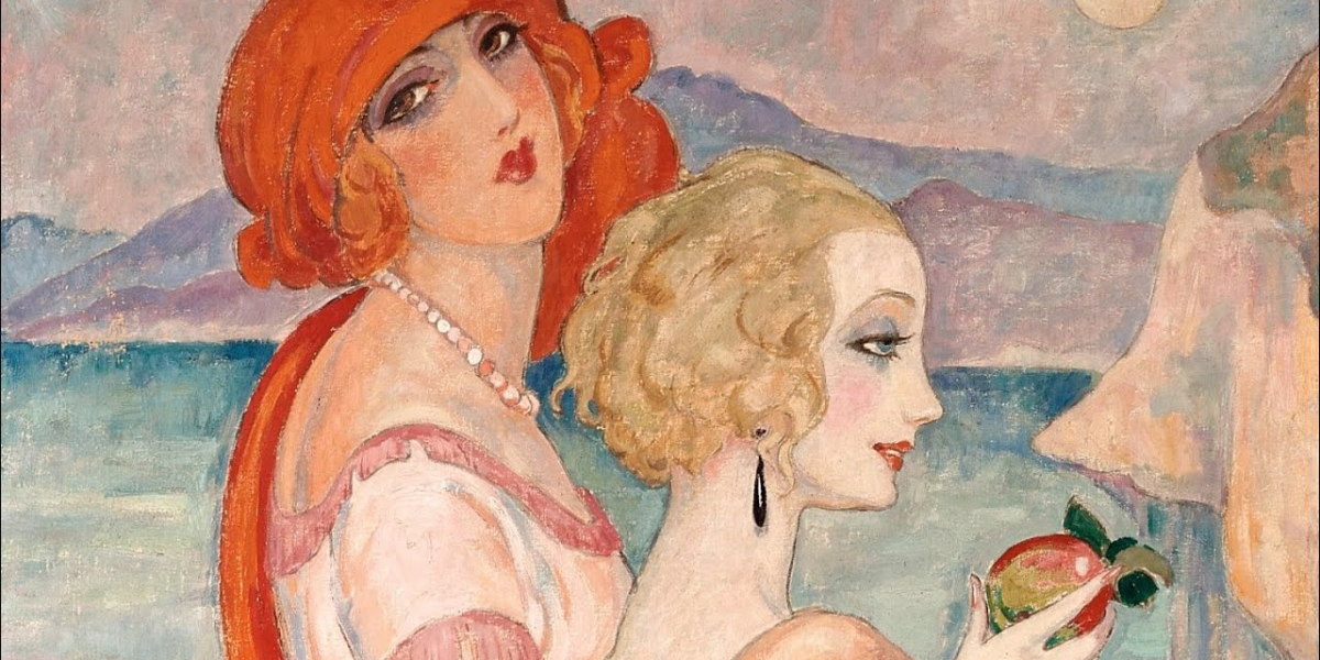 Gerda Wegener's painting On the Road to Anacapri. One woman holds an apple, another woman stands behind her with her hands on her shoulders.