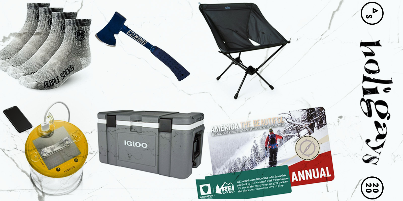 A collage of outdoors things that you could buy a loved one this holiday season — from wool socks, to an axe, and so many in between!