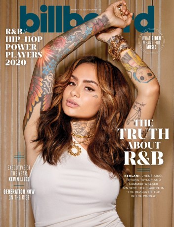Cover of Billboard magazine with artist Kehlani in a white top, gold necklace and hands above her head showing many of her tattoos.