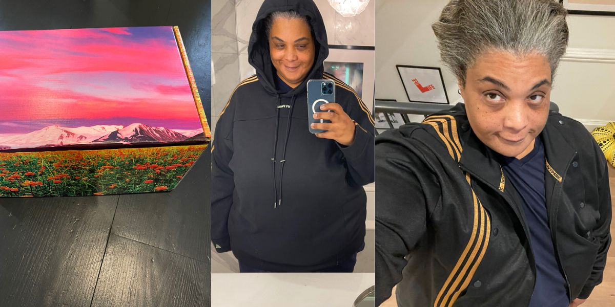A three-fold collage of an Ivy Park box from Beyonce, then two photos of Roxane Gay wearing the all black line.