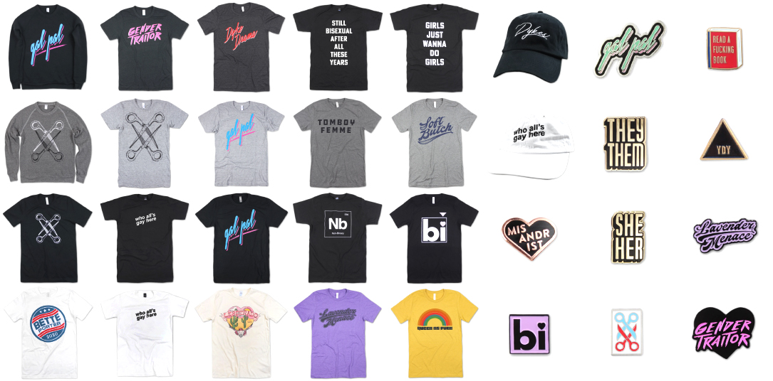 Grid of Autostraddle merch — sweatshirts, tees, hats, and enamel pins