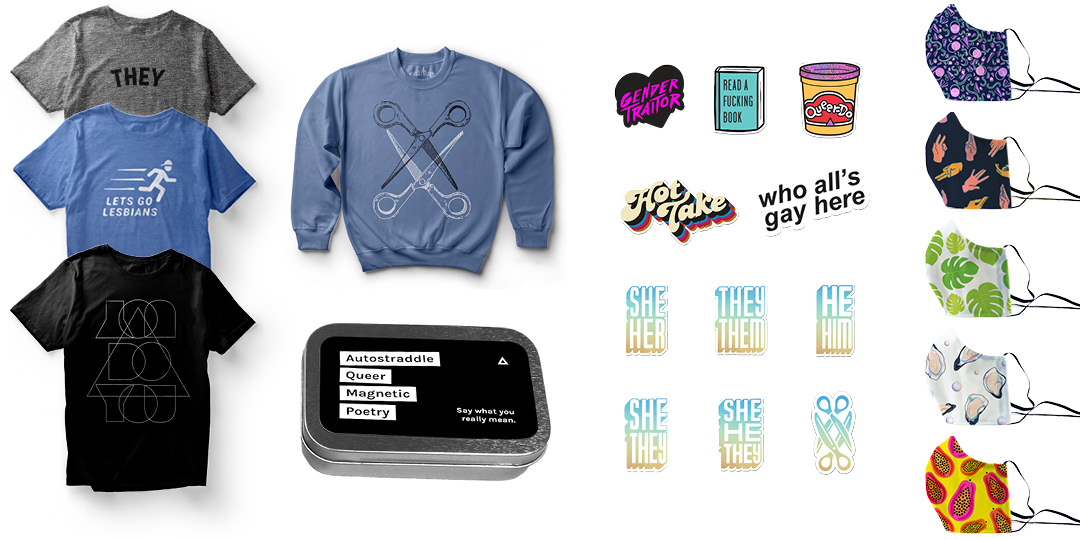 A collage of all the new Autostraddle holigay merch, including tees, a sweatshirt, a magnetic poetry kit, 11 new stickers, five face masks.