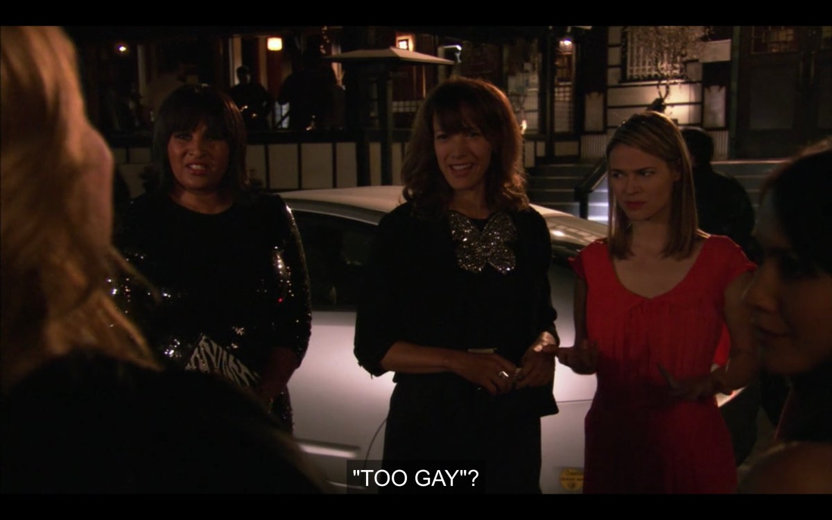 Kit, Bette and Alice outside Yamashiro saying "too gay?"