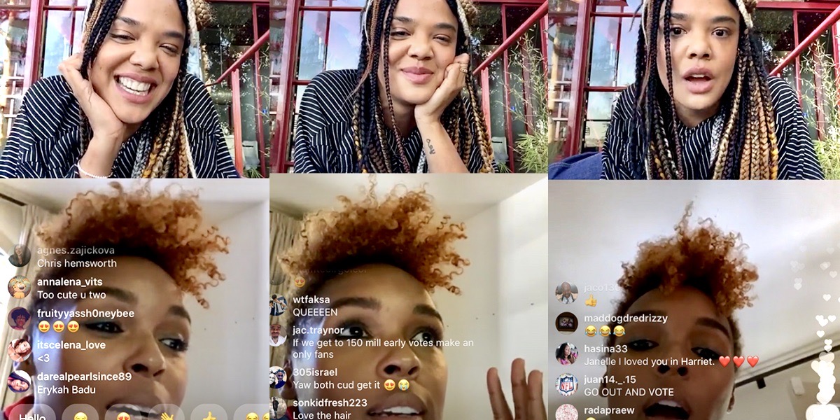 A collage of Tessa Thompson and Janelle Monáe on Instagram Live together. Tessa Thompson's hair is in braids and she is smiling. Janelle Monáe's short red hair is framing her face. They are laughing and smiling together.