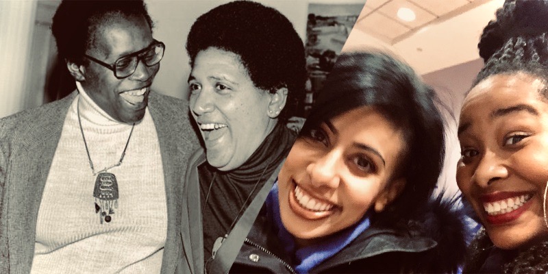 A collage of Audre Lorde with Pat Parker, laughing together at a joke, alongside an image of the author and her friend, both smiling wide at the camera.