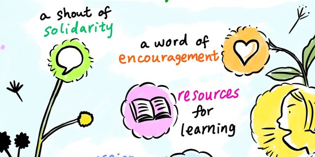 A hand drawn image of colorful dandelions, around each are a set of words defining a "safe space:" "a shout of solidarity," "a word of encouragement," "resources for learning."
