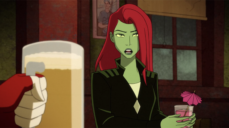 Poison Ivy shares a drink with Harley in a bar