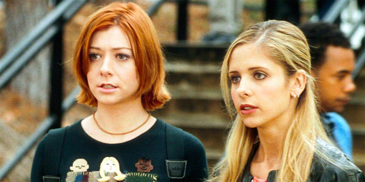 Willow and Buffy standing side by side in Buffy the Vampire Slayer.