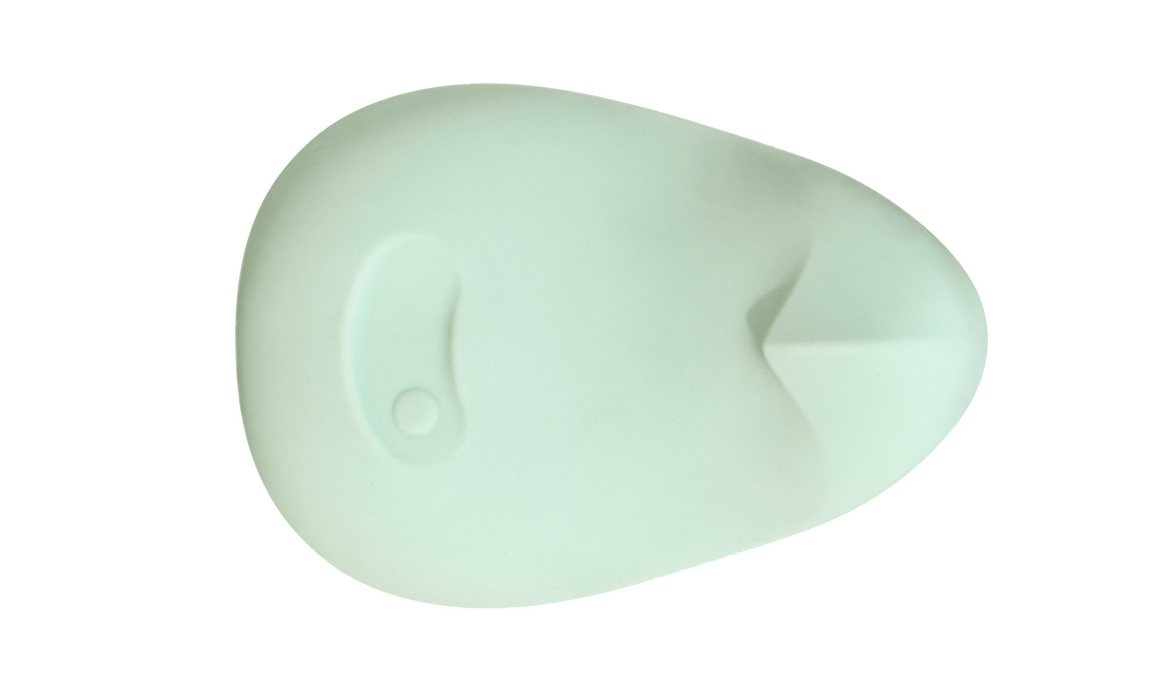 a seafoam vaguely oval-shaped sex toy with a bit of a peak at one end