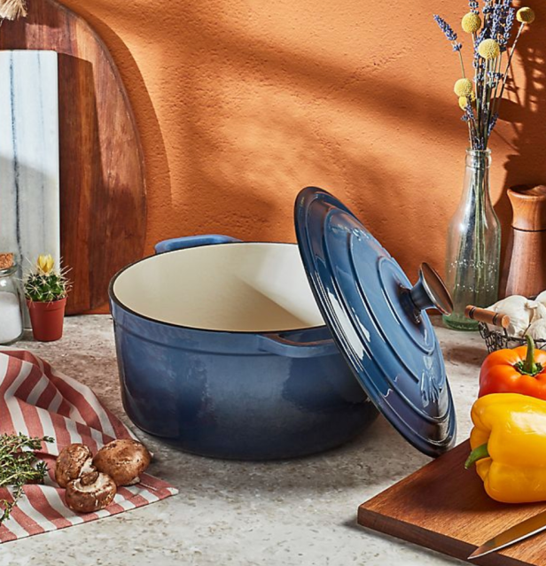 A blue Le Creuset dutch oven