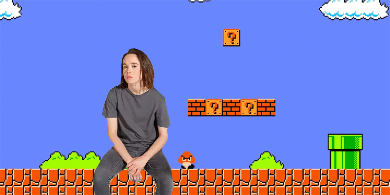 Ellen Page sitting on the ground in screenshot of Super Mario Bros.