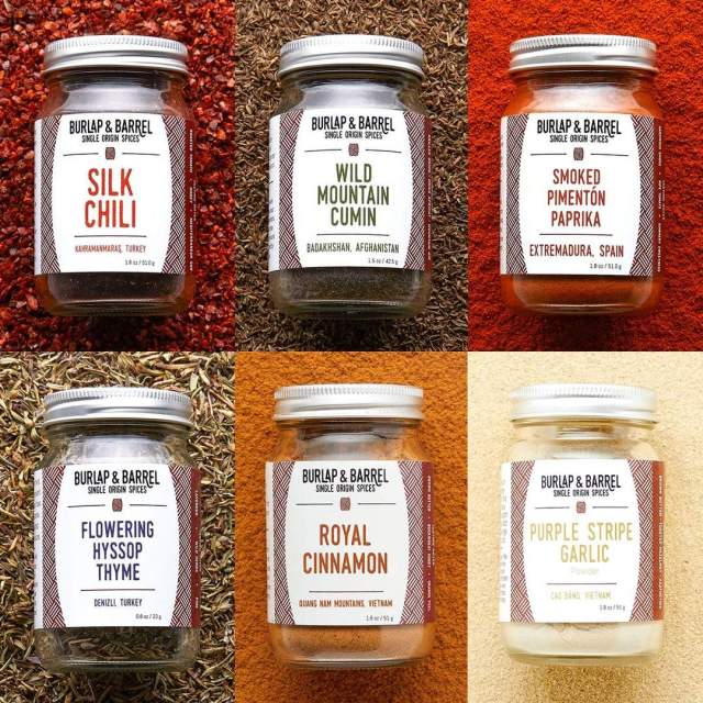 A collection of spices against warm matching backgrounds.