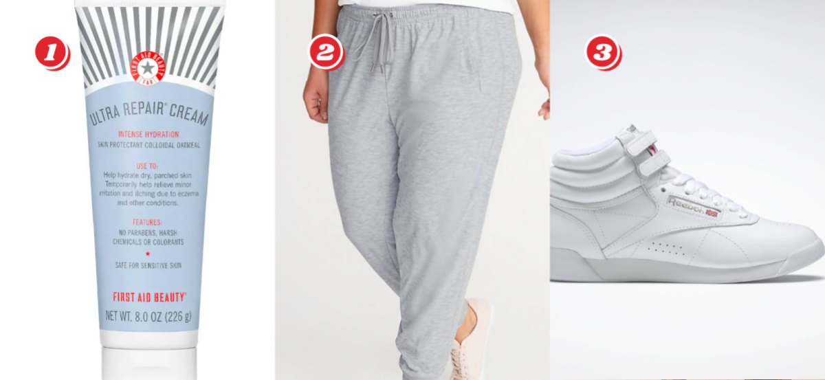 1. First Aid Ultra Repair Cream - $15 from $42, 2. Light Grey Breathe On Plus-Size Jogger Pants - $18.99 from $37.99, 3. White Reebok Freestyle High Women's Shoes $37.50 from $75 with code BFEXCLUSIVE