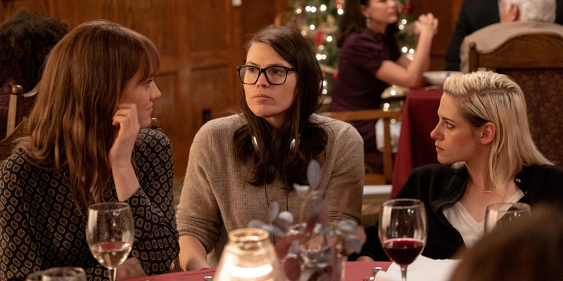 Mackenzie Davis, Clea DuVall, and Kristen Stewart on the set of Happiest Season