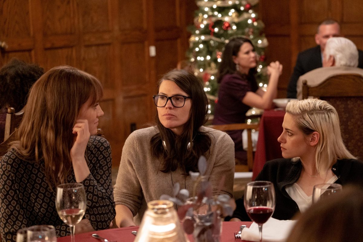 Mackenzie Davis, Clea DuVall, and Kristen Stewart on the set of Happiest Season