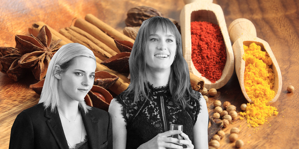 Kristin Stewart (Abby) and MacKenzie Davis (Harper) on a background of spices.