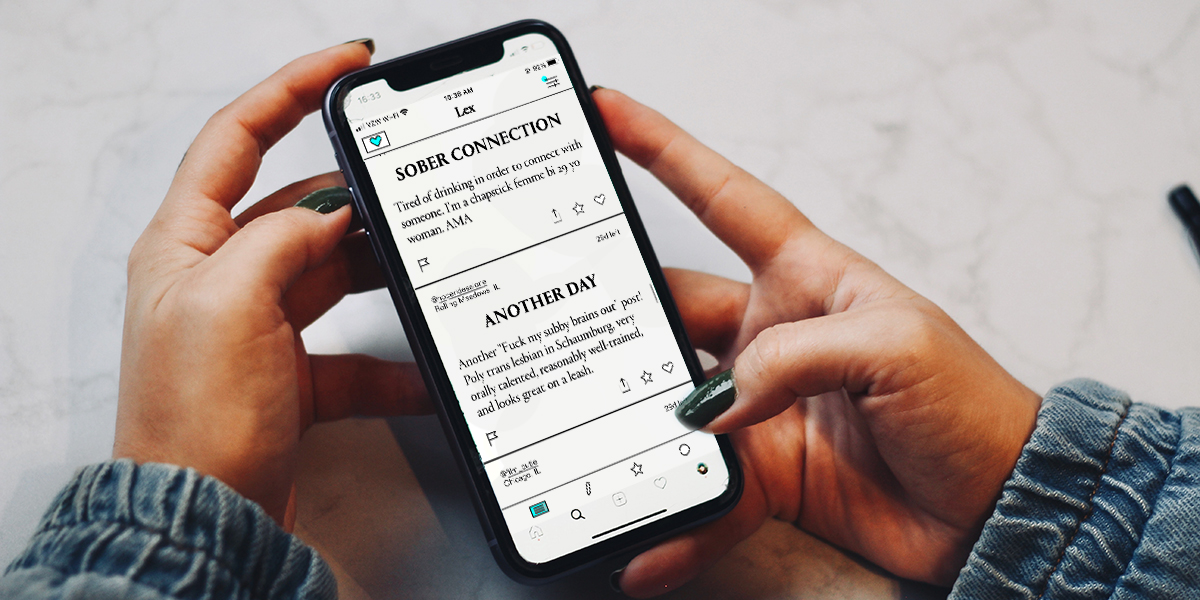 A brown-skinned person's hands with manicured nails hold a smart phone, scrolling through Lex posts.