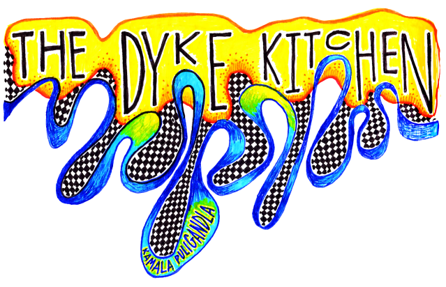 he Dyke Kitchen written over a drippy yellow shape that has checkerboard at the ends