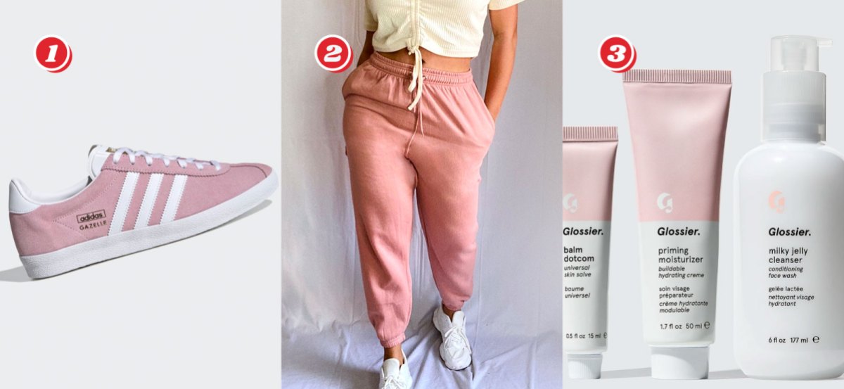 1. Adidas Gazelle OG Shoes in Pink and White - $48 from $80, 2. Plus Pink Toggle Waist Cuff Hem Jogger (Sizes 12 -22) - $25 from $38 (get an extra 10% off with code PLUS10 at Checkout), 3. Glossier 3-Step Skincare Routine - $30 down from $52