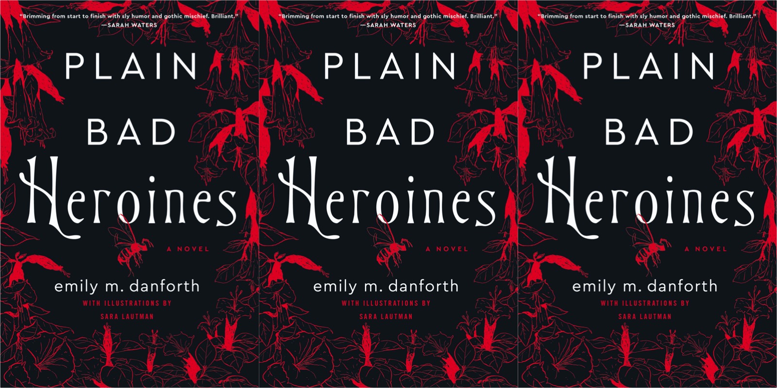 A repeated image three times of the cover of emily m danforth's Plain Bad Heroines
