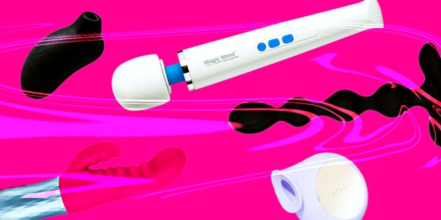 an array of holy four sex toys, including sona cruise 2, magic wand rechargeable, lelo sila clitoral massager, all on a pink swirly background