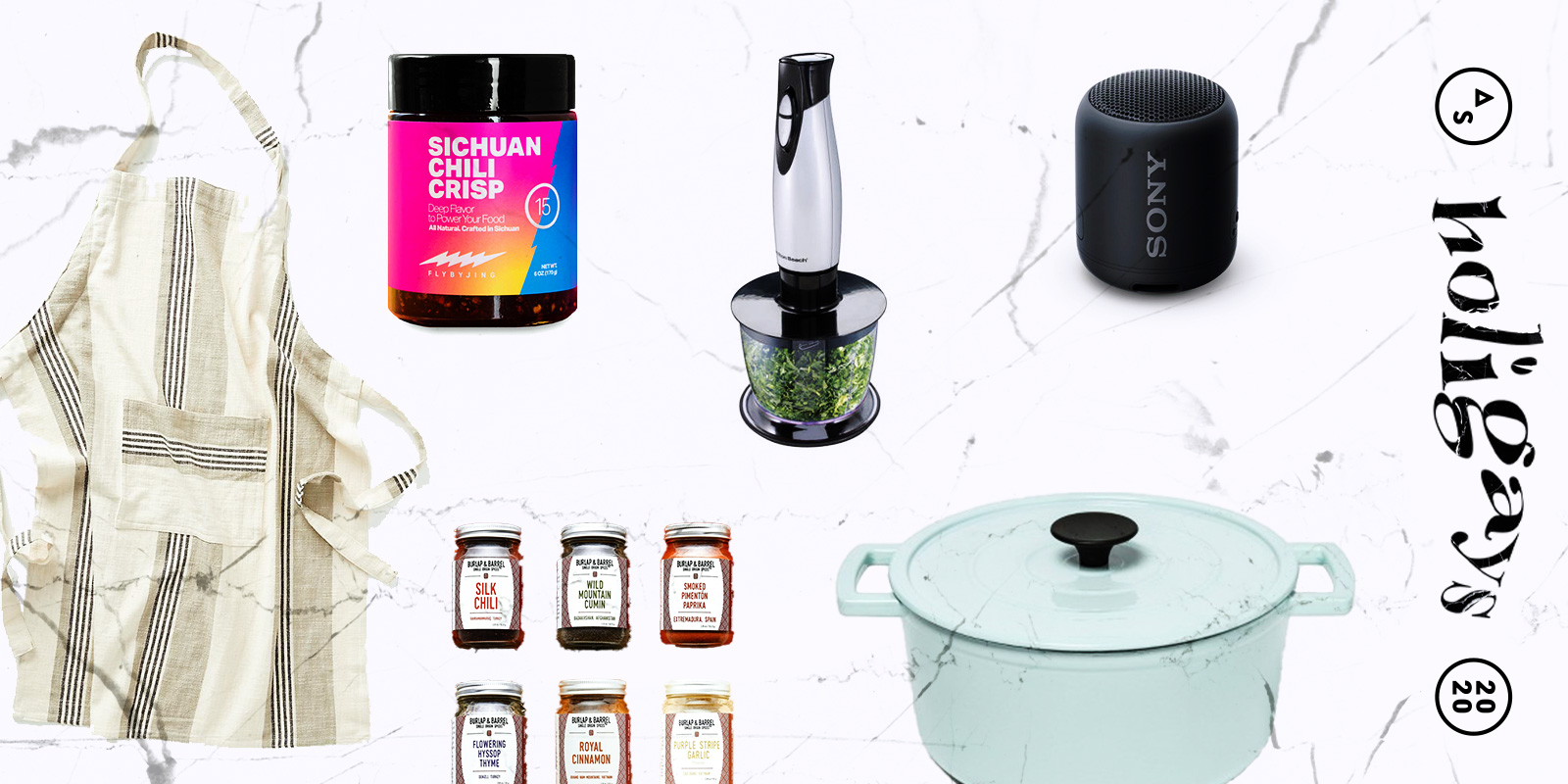 A collage of gifts you can buy for a reluctant pandemic chef, including: An apron, a hand blender, a kitchen speaker, a Dutchmen oven, and a variety of spices.