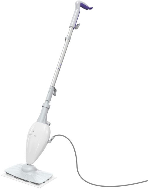 A white upright steam mop with cord