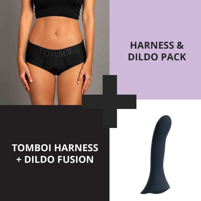 Strap on harness kit, shows a photo of a dark blue dildo and a person wearing a pair of underwear with an o ring.