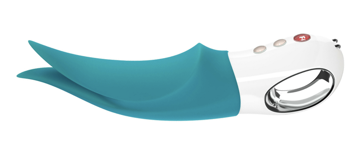 a blue sex toy with a forked shaft and white loop for a handle
