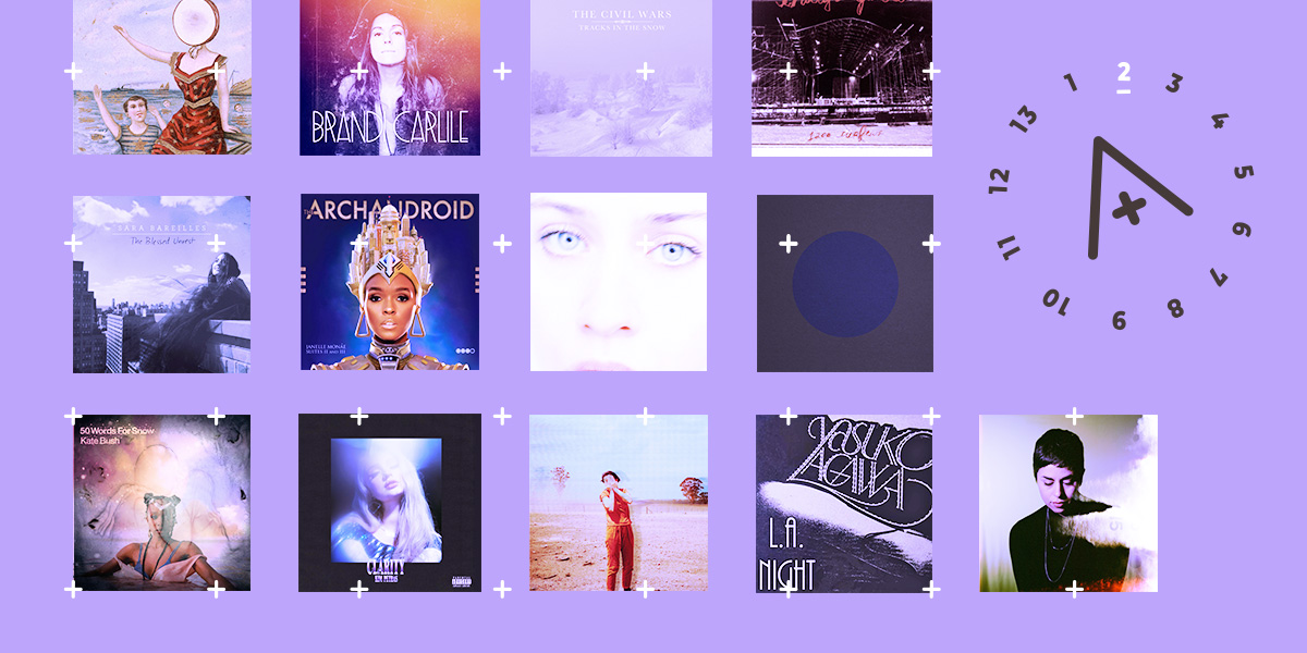 The feature image displays many of the albums that are featured in the playlist in this post. It also has the number 2 of 13 digits highlighted in a circular countdown around the A+ logo, all with a calming lavender background.