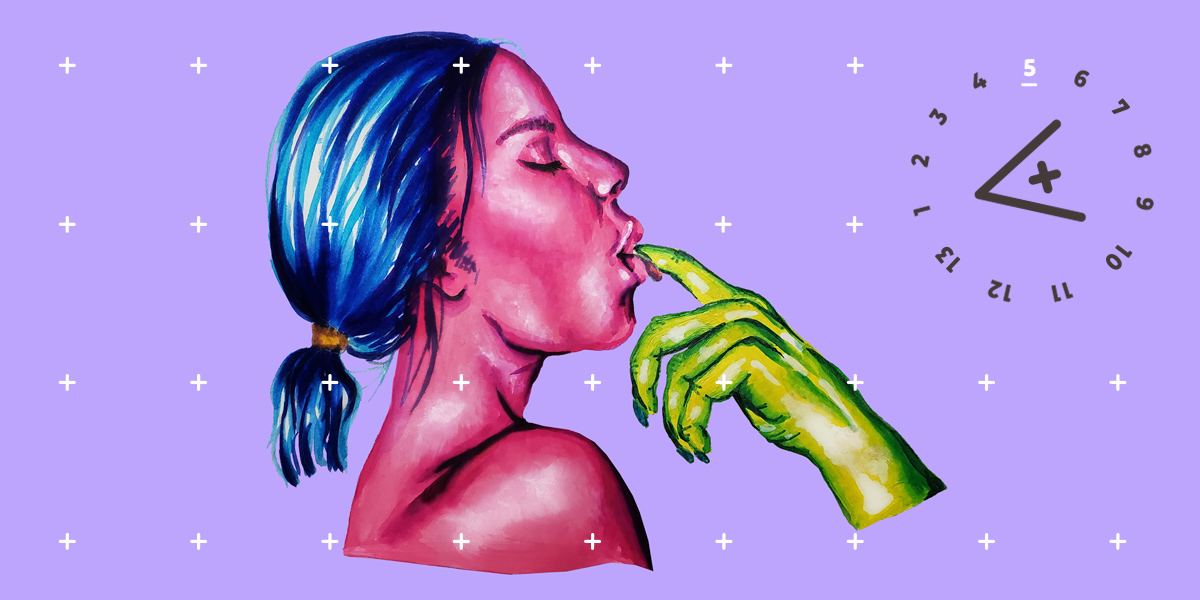an illustration of a profile of a woman's head — she has pink skin and a short, low blue pony tail. a green finger is inserted into her mouth and slowly sliding out.