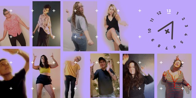 Several of the Autostraddle team, Kamala, Nicole, Rachel, Riese, Malic, Sarah, Laneia, Molly, Vanessa, Carmen are posed in various mid-dance poses.