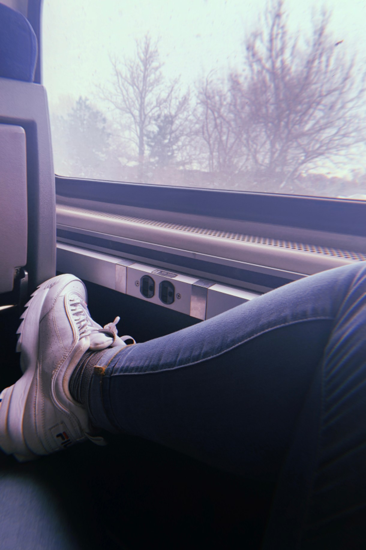 Image shows a view of trees outside from inside a train car. There is a leg in the frame, wearing jeans and sneakers in the shot as well.