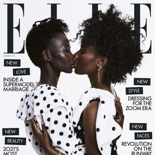 Cover of Elle UK Magazine, showing two black women in polka-dot clothing embracing and nearly sharing a kiss.