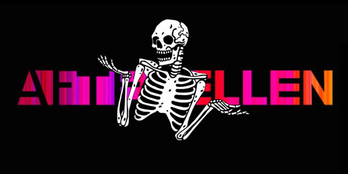 A shrugging skeleton is photoshopped over the AfterEllen company logo (which has the words AfterEllen in hot pink and orange on top of a jet black background).