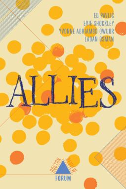 book cover that's a putty colored background and yellow and orange polka dots gathered in the middle and then scattered across the page. The word "Allies" is written in a blue hand-drawn serif text 