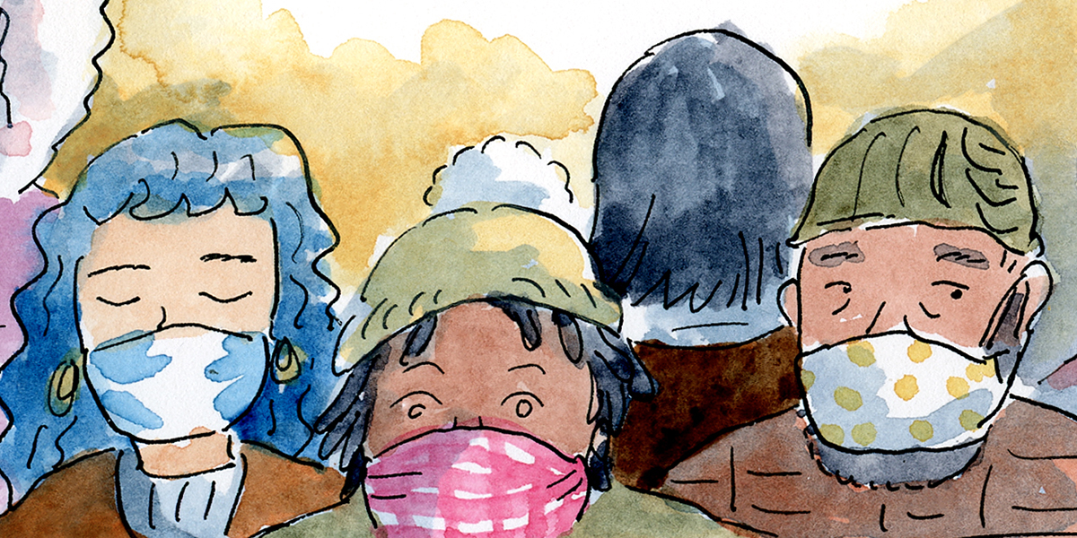 A variety people of different races, gender, and ages all wear facemarks in this soft watercolor.