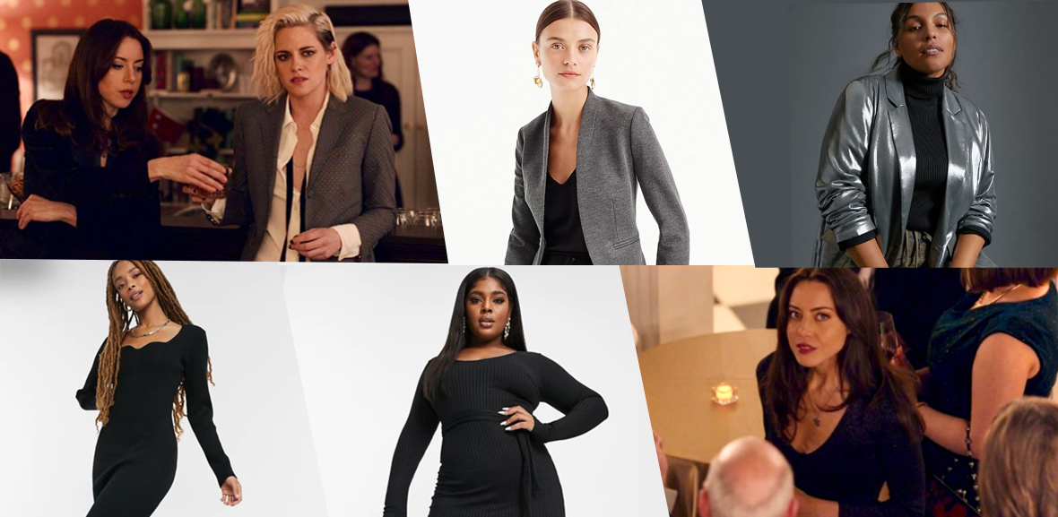A collage of "Happiest Season" fashion: Kristen Stewart as Abby in a silver blazer, along side to models also wearing silver blazers. Then Aubrey Plaza as Riley in a black dress, alongside two other models in black dresses.