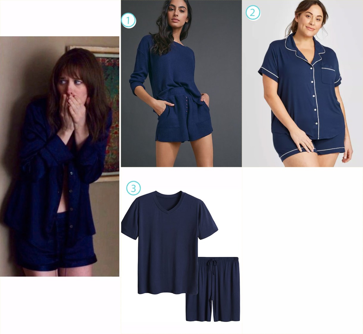 A variety of matching blue pajama sets like Harper