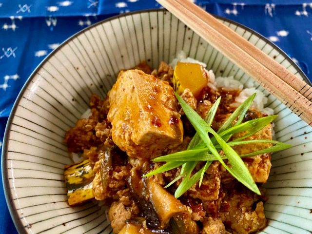 close up of a bowl of mapo tofu over rice with a star of sliced scallions on top