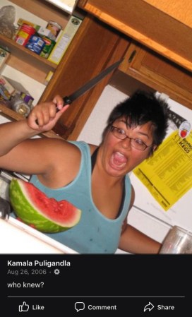kamala in 2006 with a new haircut, mouth wide open, about to hack into a slice of watermelon with a knife